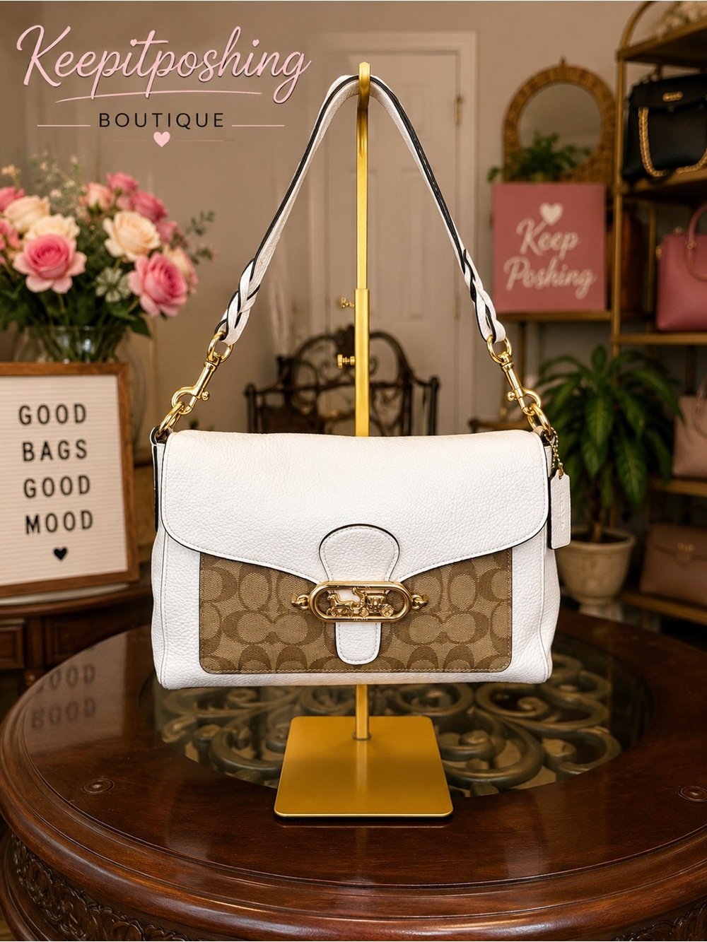 Coach White and Tan Signature Canvas Shoulder Bag